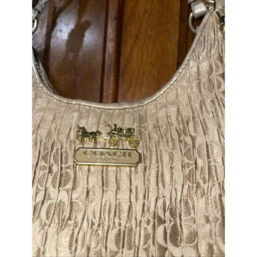 Coach Ruched Metallic Madison Maggie Silver Signature Pleated Hobo Bag 18886 - Picture 2 of 16